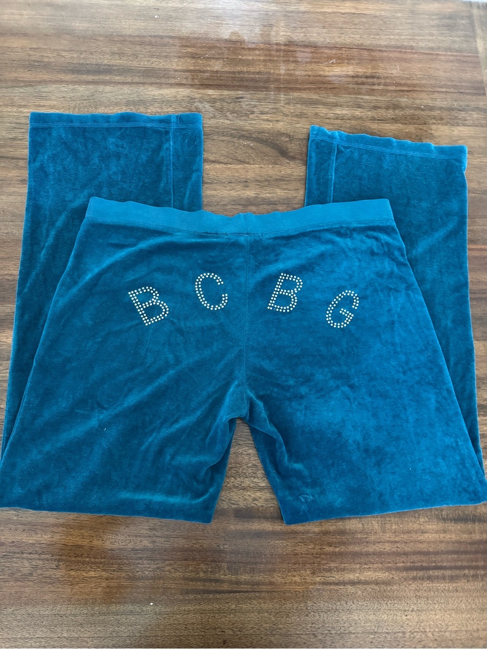 BCBG Teal Velour with Rhinestone Back Logo pants